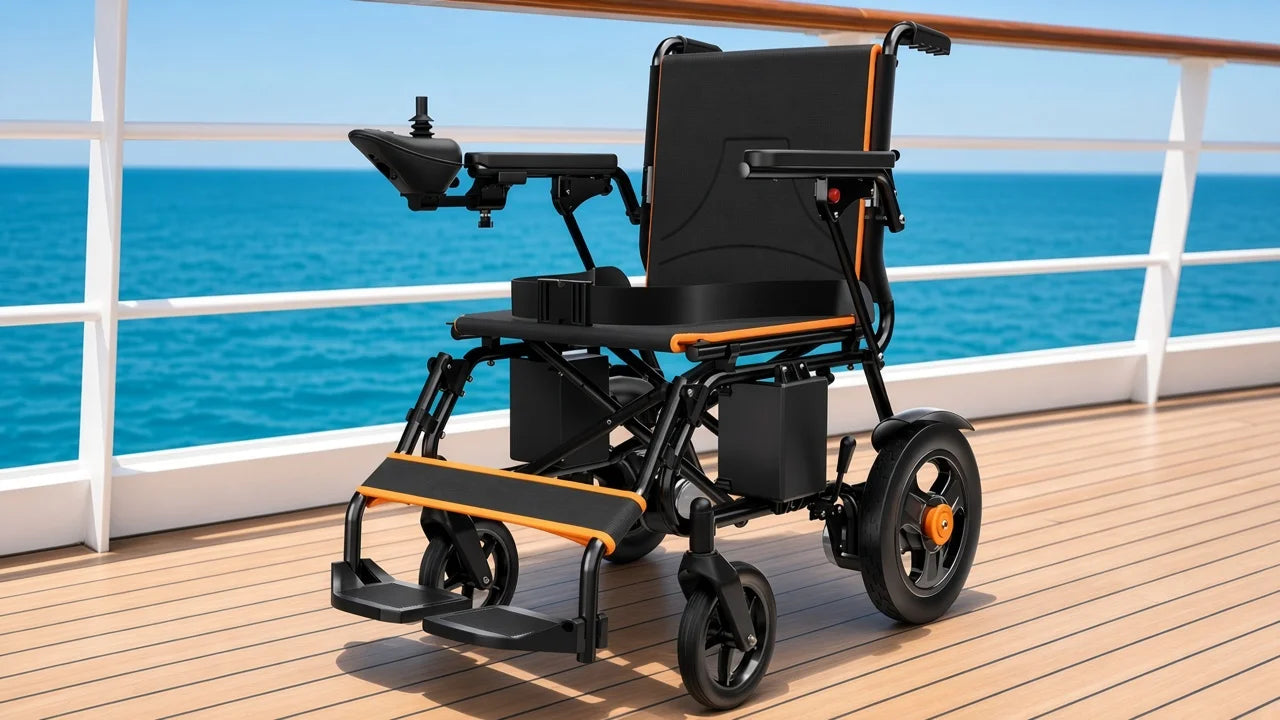 Power wheelchair on a cruise ship deck