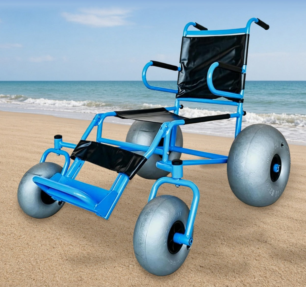 Heavy duty beach wheelchair on the sand