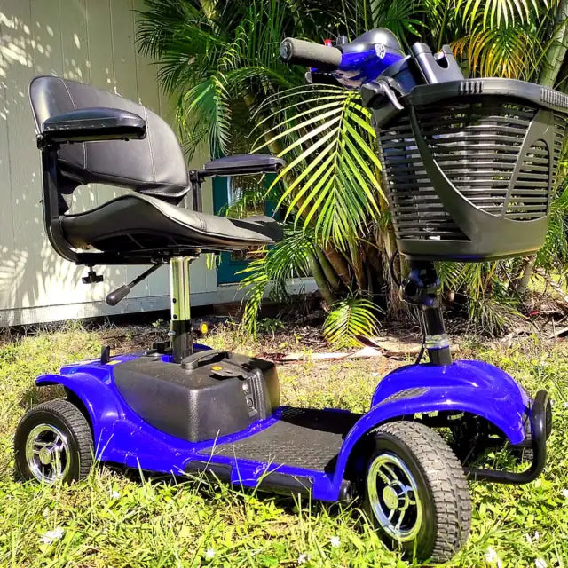 Blue mobility scooter under palm trees